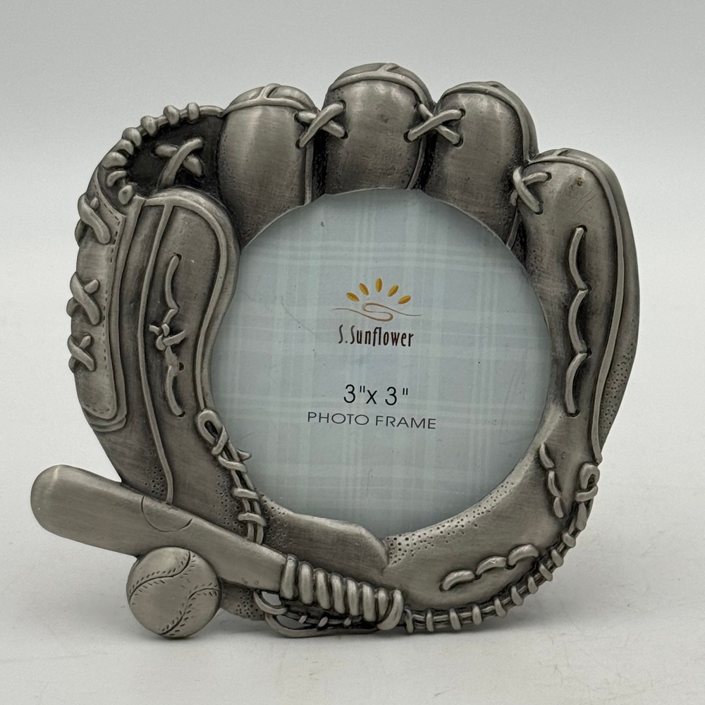 S. Sunflower Baseball Glove Bat Ball Pewter Tone 3x3 Round Photo Frame